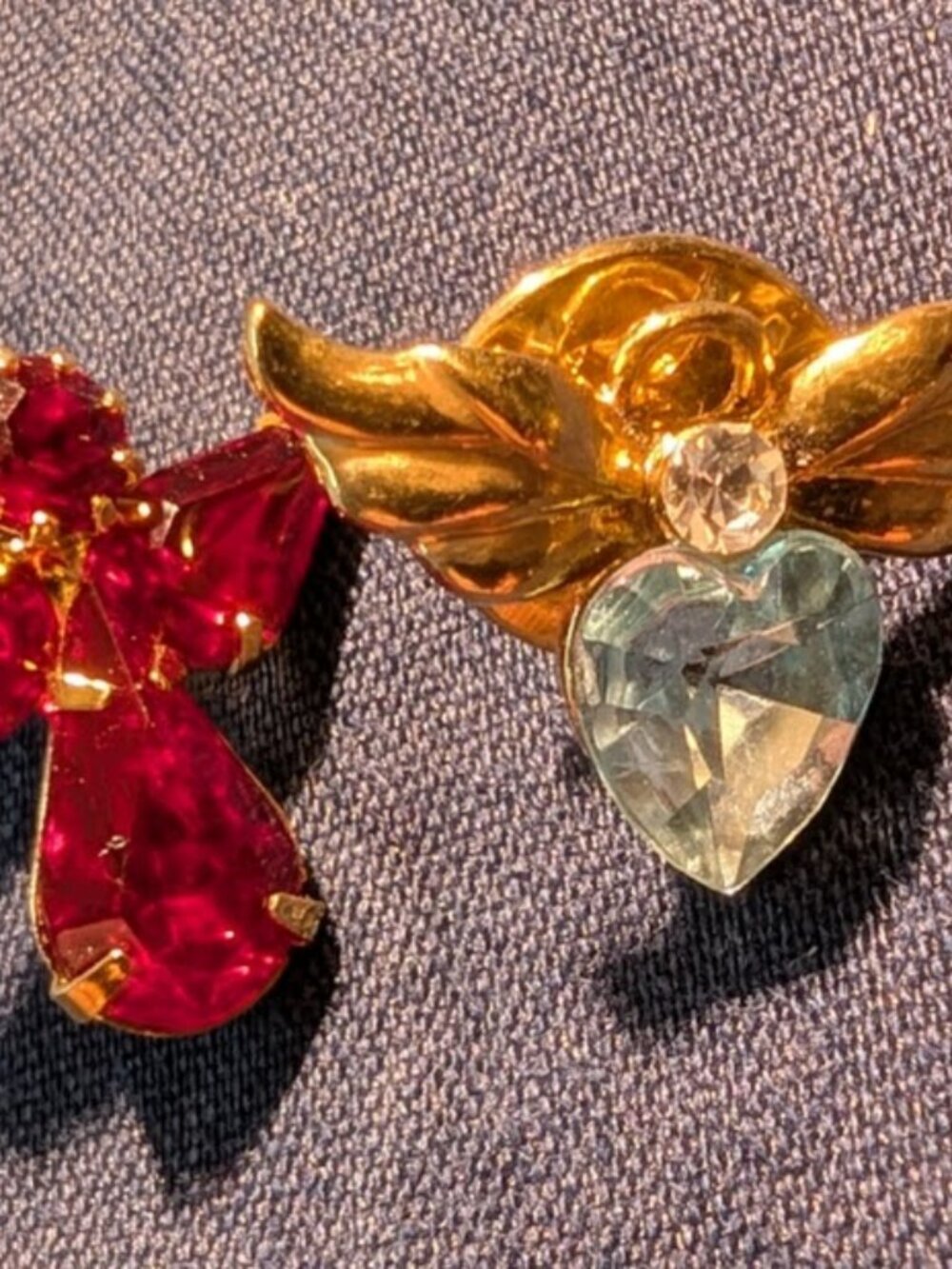 Vintage Angel Lapel Pin Bundle Red Crystal & Avon Blue Heart Wings Brooch